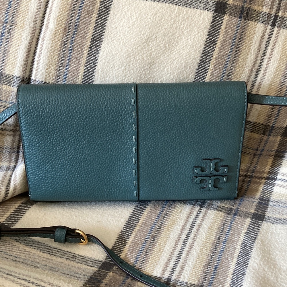 Tory Burch leather crossbody wallet.